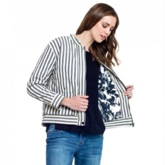 NUMPH - Anthro Womens Grey Striped Zip-Front Bomber Jacket Sz XS / S - Picture 1 of 13